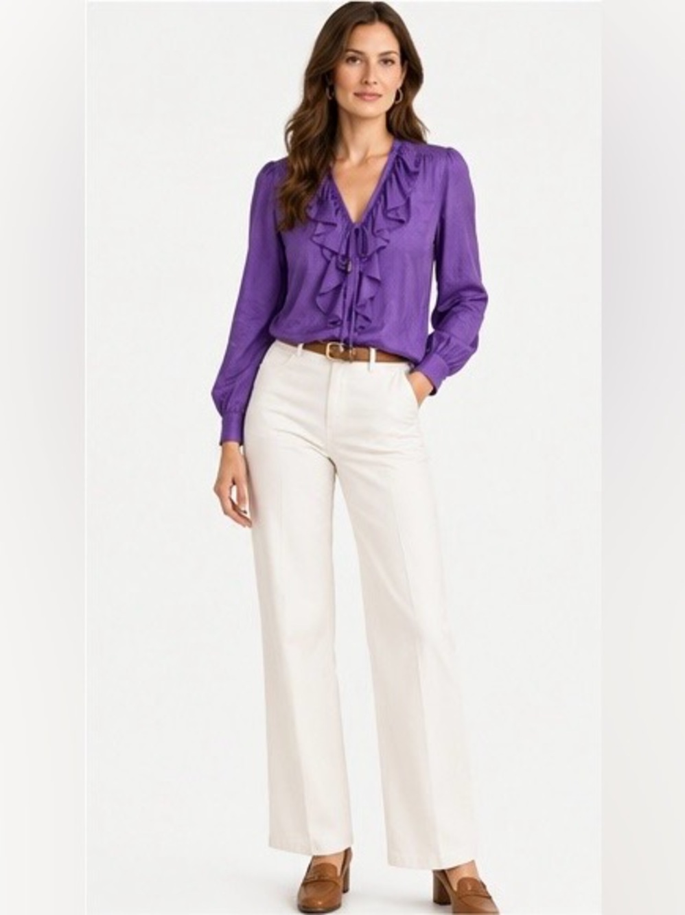 Lauren Ralph Lauren 100% Silk Purple Ruffle Blouse Long Sleeve Quiet Luxury |M
